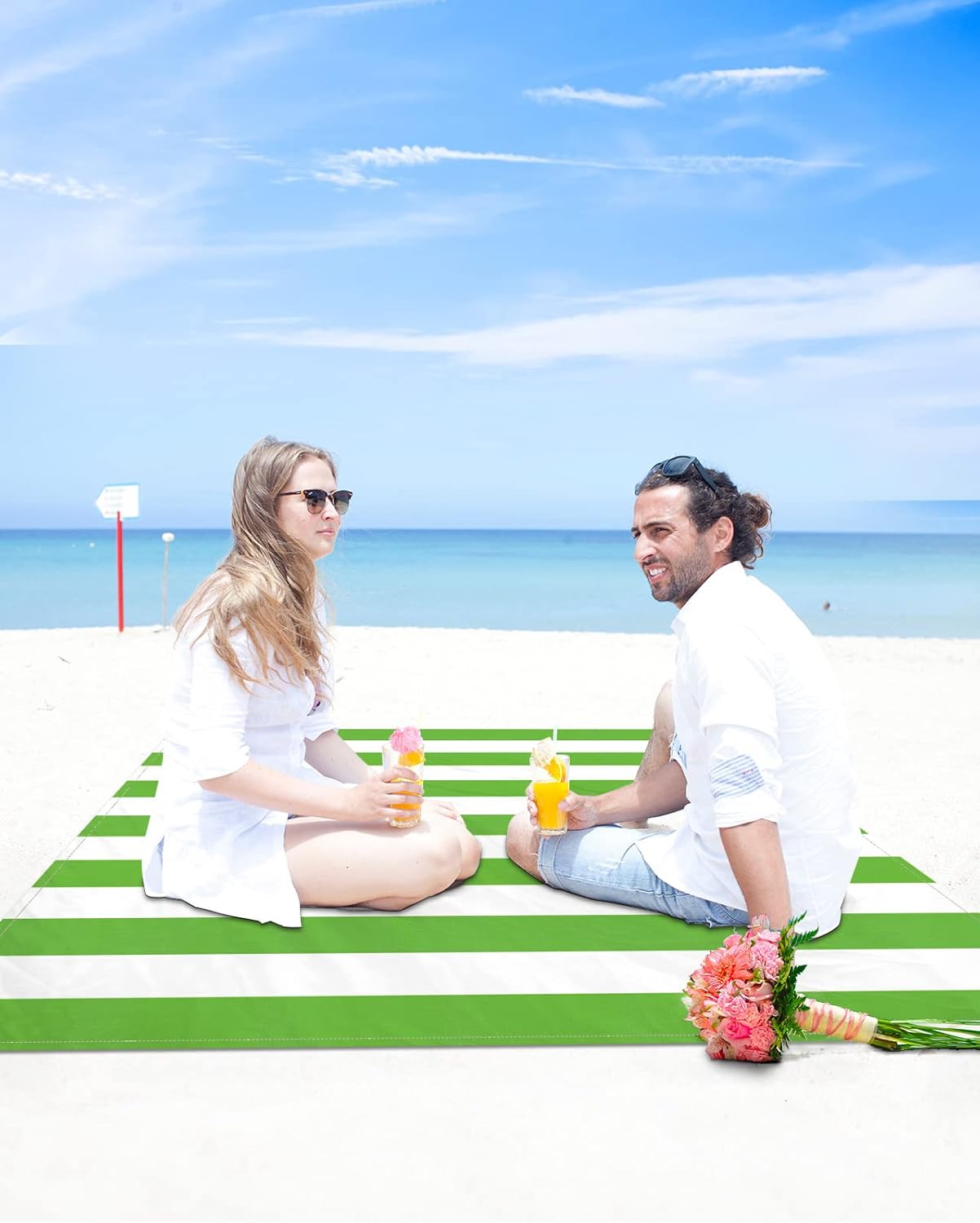 Green White Geometric Striped Beach Blanket Waterproof Sandproof Outdoor Picnic Mat 83"x79" Spring Season Lightweight Large Beaach Blankets with 4 Stake & 4 Corner Pockets