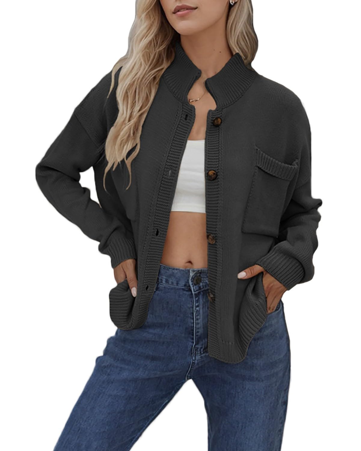 jinghuiyue Cárdigan de manga larga para mujer, con botones, chaqueta de punto a la moda, parte delantera abierta, con bolsillo