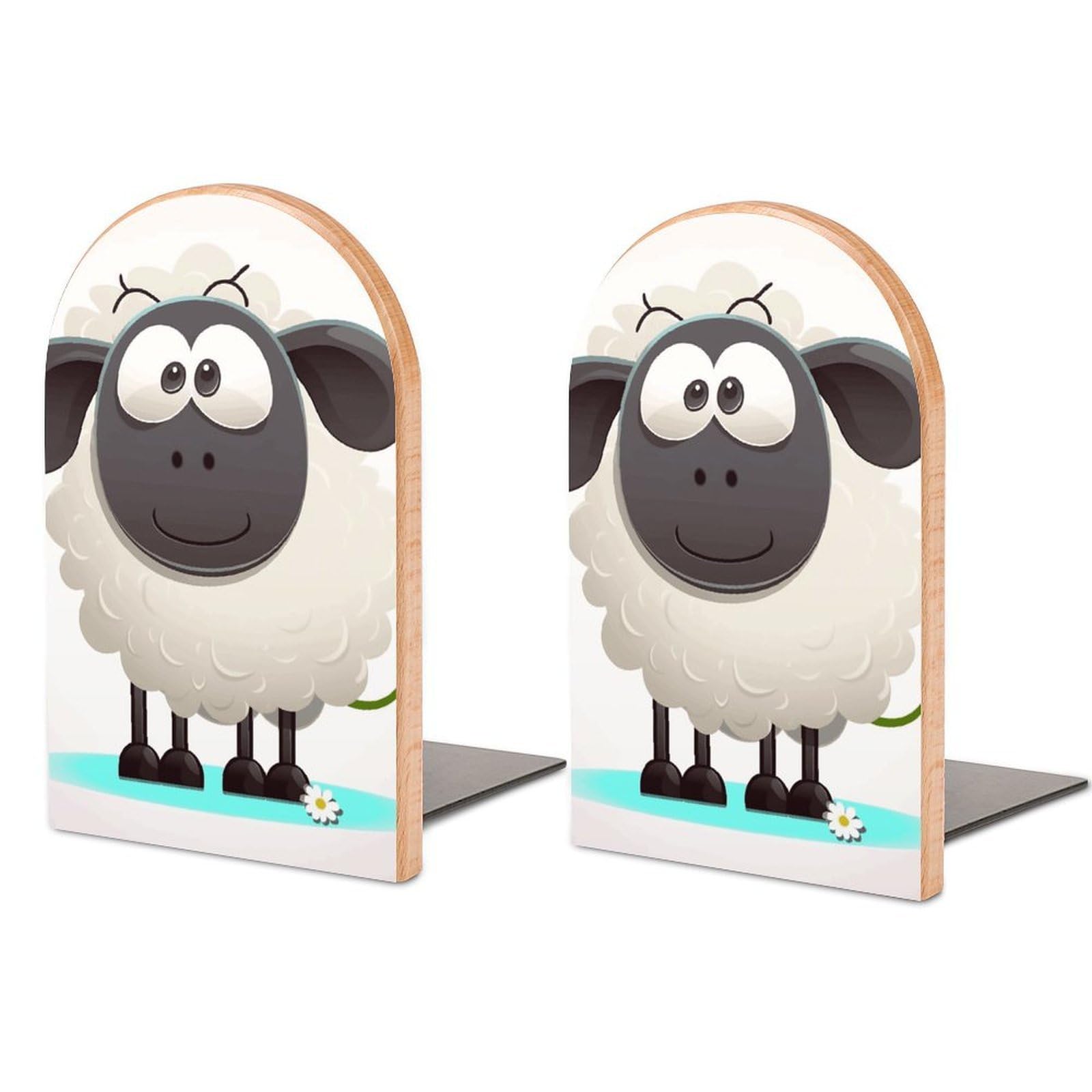 Beech Wood Book Ends Sheep Printed Bookend for Shelves Home Decorative Bookends for Heavy Books for Office Bookshelves