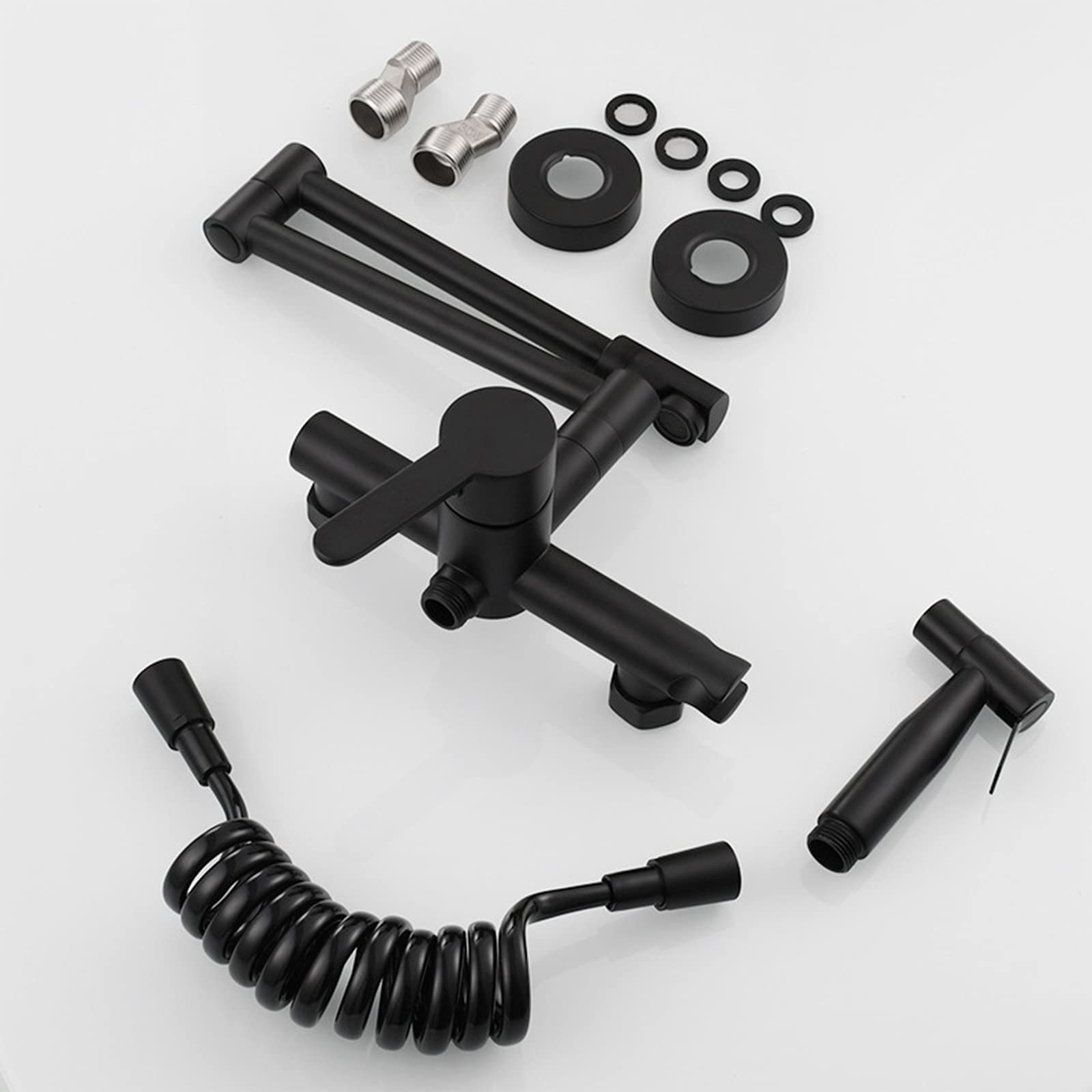 Grifo de Cocina de Montaje en Pared con rociador, latón Extensible, Doble articulación, Brazos oscilantes, Fregadero de Cocina, Grifo Mezclador Monomando Caliente y frío, Negro(Noir)