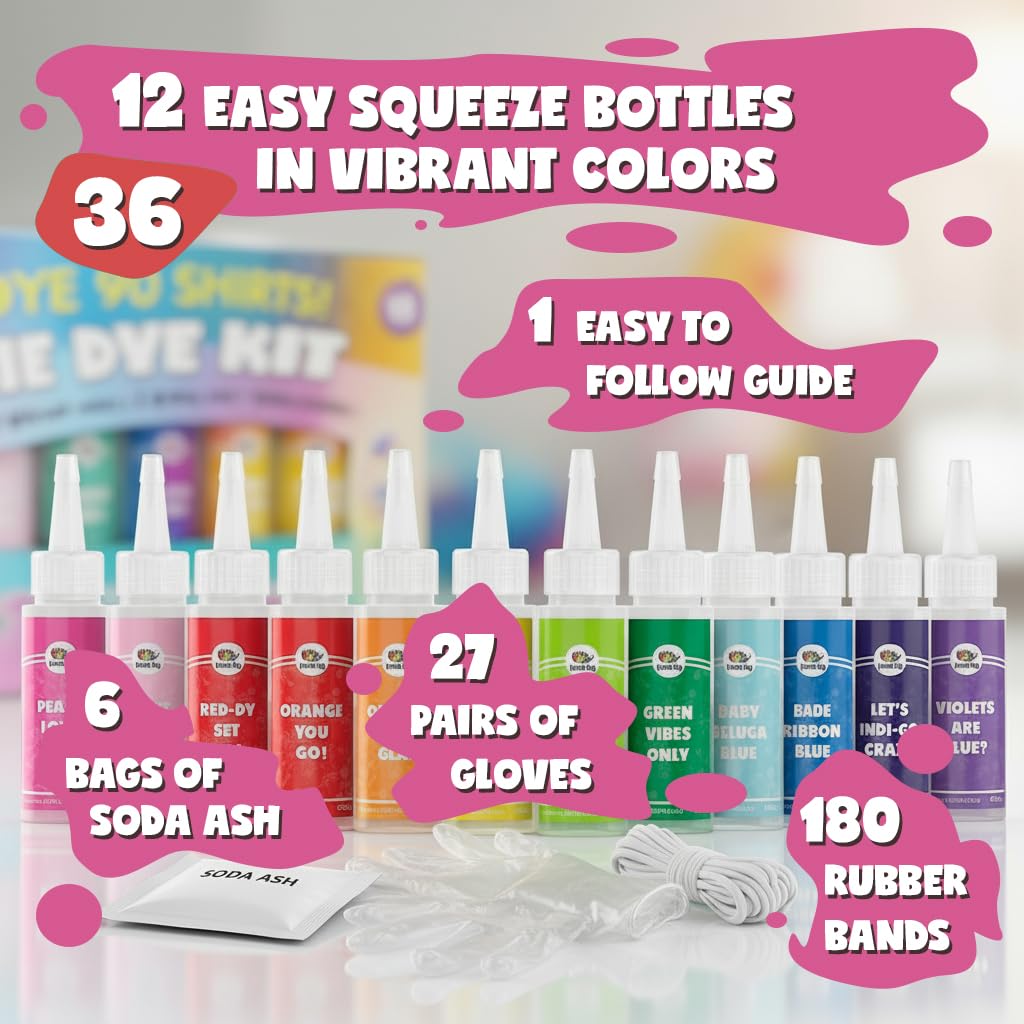 DOODLE HOG Zestaw do barwienia tie-dye dla dzieci i dorosłych – 36 dużych butelek do barwienia w 12 kolorach i proszku tie-dye, soda jesionowa, rękawiczki, zestawy tie-dye dla dużych grup