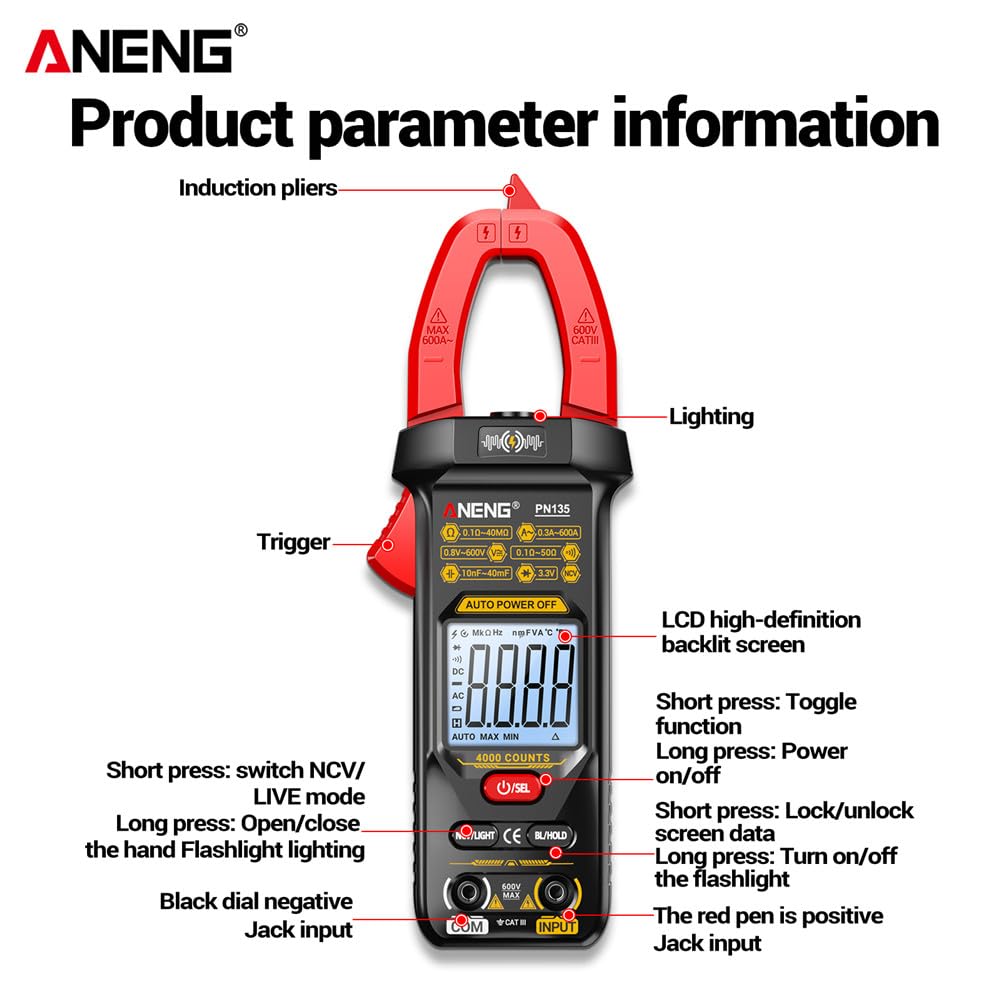 PN135 Display digitale Pinza amperometrica intelligente Tester multimetro Resistenza alla tensione CA/CC Strumenti professionali per elettricisti senza contatto e linea combinata - Rosso