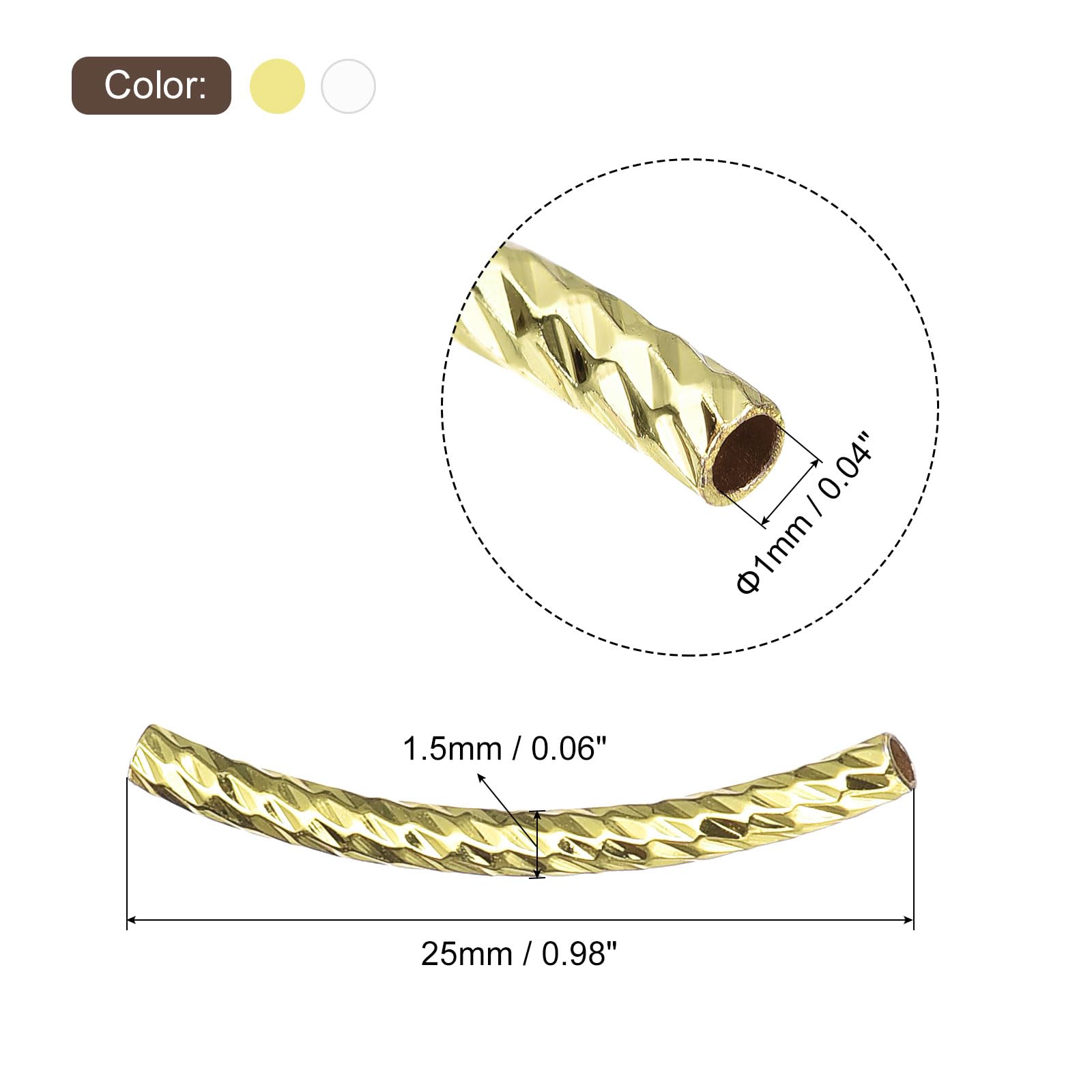 QUARKZMAN 60pz Perline a Tubo Curvo Ottone, Perline Distanziatrici a Forma Pasta Placcatura 1x25 Mm per Creazione Gioielli Artigianali, Tono Oro/Tono Argento
