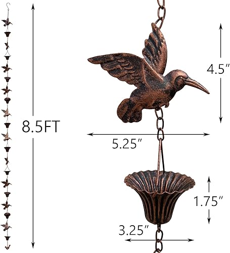 Miniatura 2 de Cadena de lluvia de 8.5 pies, cadenas de lluvia de colibríes para canalones, cadena de repuesto funcional y decorativa para exteriores, cadenas de