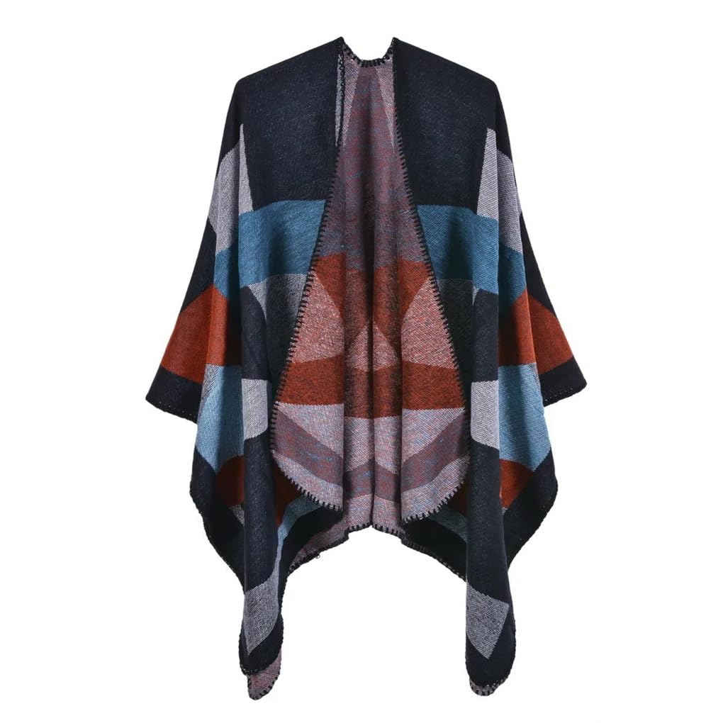Poncho en tricot à carreaux pour femme - Chaud - Automne et hiver - Réversible