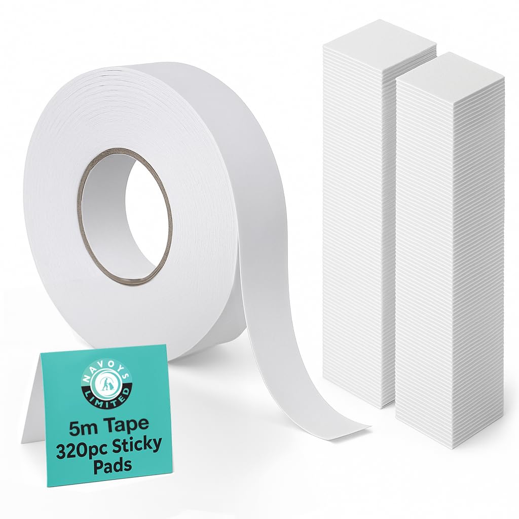320 Double Sided Sticky Pads and 4m Foam Tape Roll - Strong Adhesive White Foam Pads, Ideal for Permanent and Temporary Fixings in Homes, Offices, Car Dashboards and Arts & Craft Projects