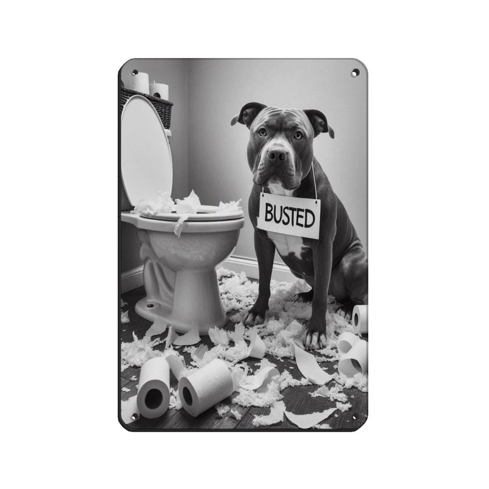 Pitbull Terrier Dog with Toilet Paper Mess Poster Tin Sign Vintage Metal Pub Club Cafe Bar Home Wall Art Decoration Poster Retro 8x12inch(20x30cm)