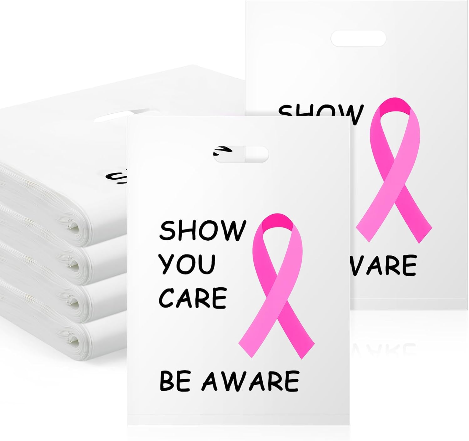 Paterr 150 Pcs Show You Care Pink Ribbon Bags Breast Cancer Awareness Handle Plastic Bags Large Pink Ribbon Plastic Bags for Breast Cancer Awareness Supplies