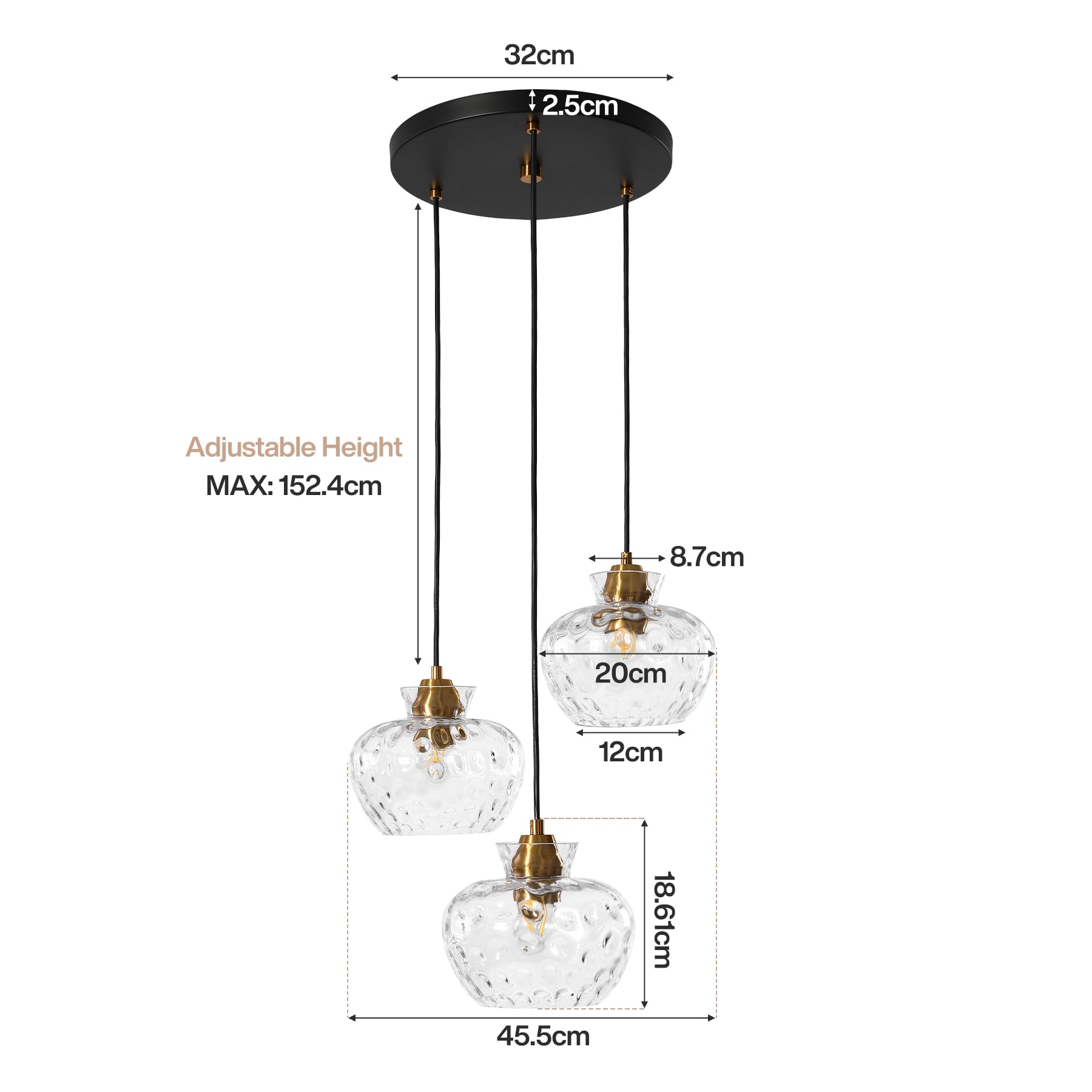 Tribesigns Pendelleuchte 3 Flammig, Vintage Hängelampe mit Wasserriffel Glas, Höhenverstellbare Hängeleuchte Esstisch, E27 Glas Pendelleuchte für Esszimmer, Küche, Wohnzimmer, Schwarz
