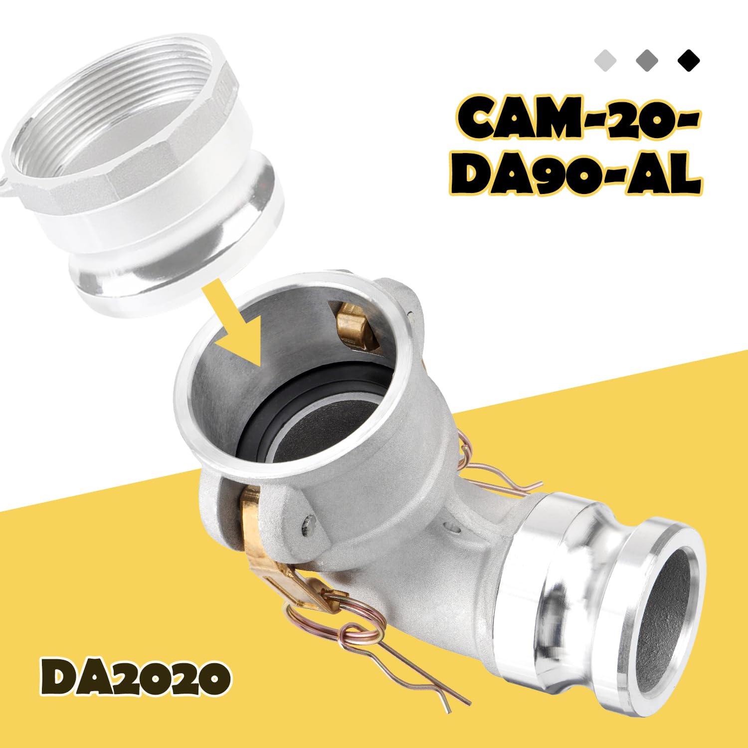 Acoplamiento de manguera de leva y ranura tipo DA, codo de 90 grados, Camlock hembra de 2 pulgadas x Camlock macho de 2 pulgadas, 250 PSI, material de aluminio, DA2020