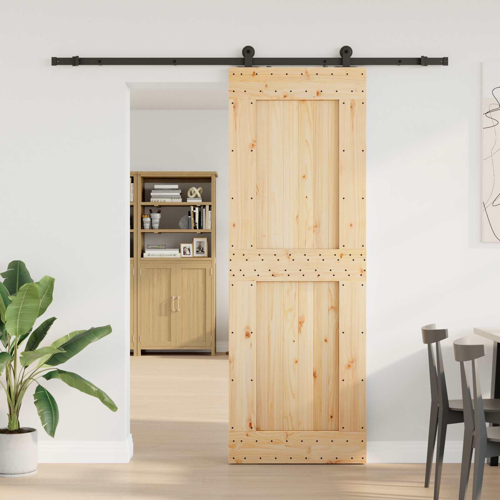Puerta corredera Narvik natural y negra 80 x 210 cm | Madera de pino maciza, guía de acero, mecanismo superior, diseño que ahorra espacio