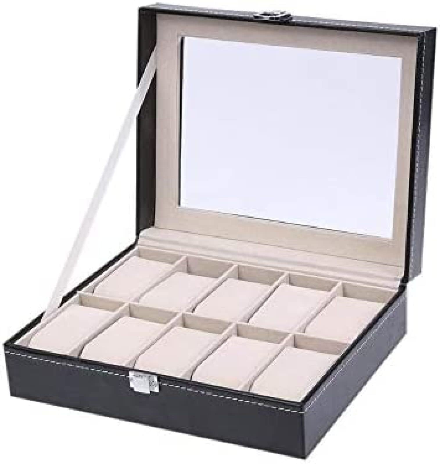 YNBSHGAA 10 Grids Watch Box Storage Case Multi-Functional Bracelet Watches Jewellery Display Casket Watches Holder Casket Black Leather Elegance Gift Box for Women and Men