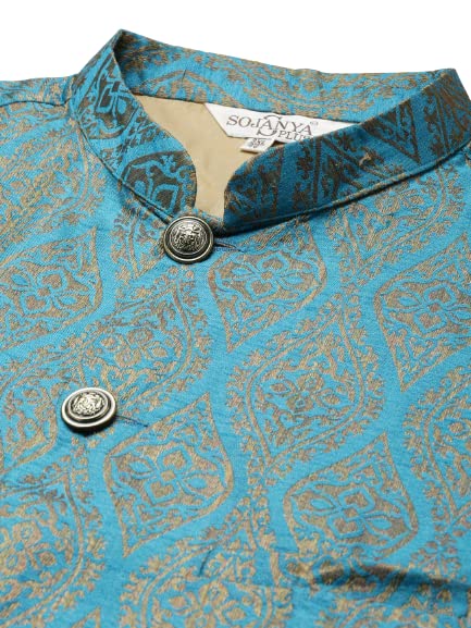 Image of SOJANYA (Since 1958) Men's Silk Blend Dark Green Kurta & Silk Blend Nehrujacket With Off White Churidar Pyjama Set