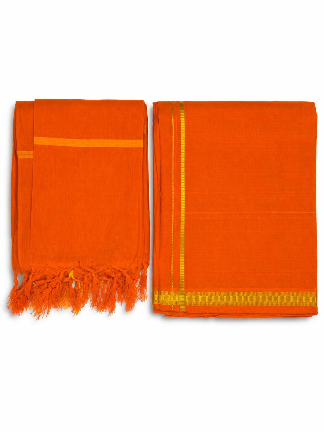 Pure Cotton Orange Dhoti & Angavastram Set for Men | Traditional South Indian Veshti with Gold Border | Free Size-picture-10