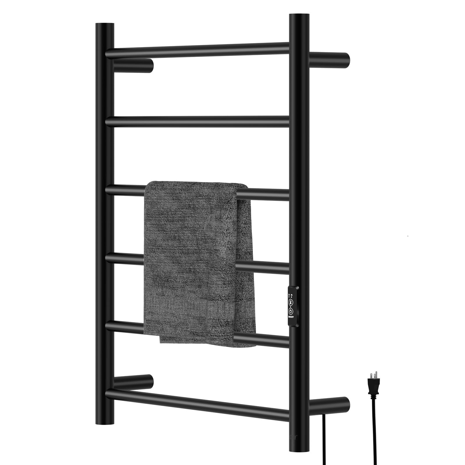 R FLORY Towel Warmer Heated Towel Rack All-Night Warm Bathroom Plug-in Heated Drying Rack with Timer Fast Heating (Black, 6 Bars)