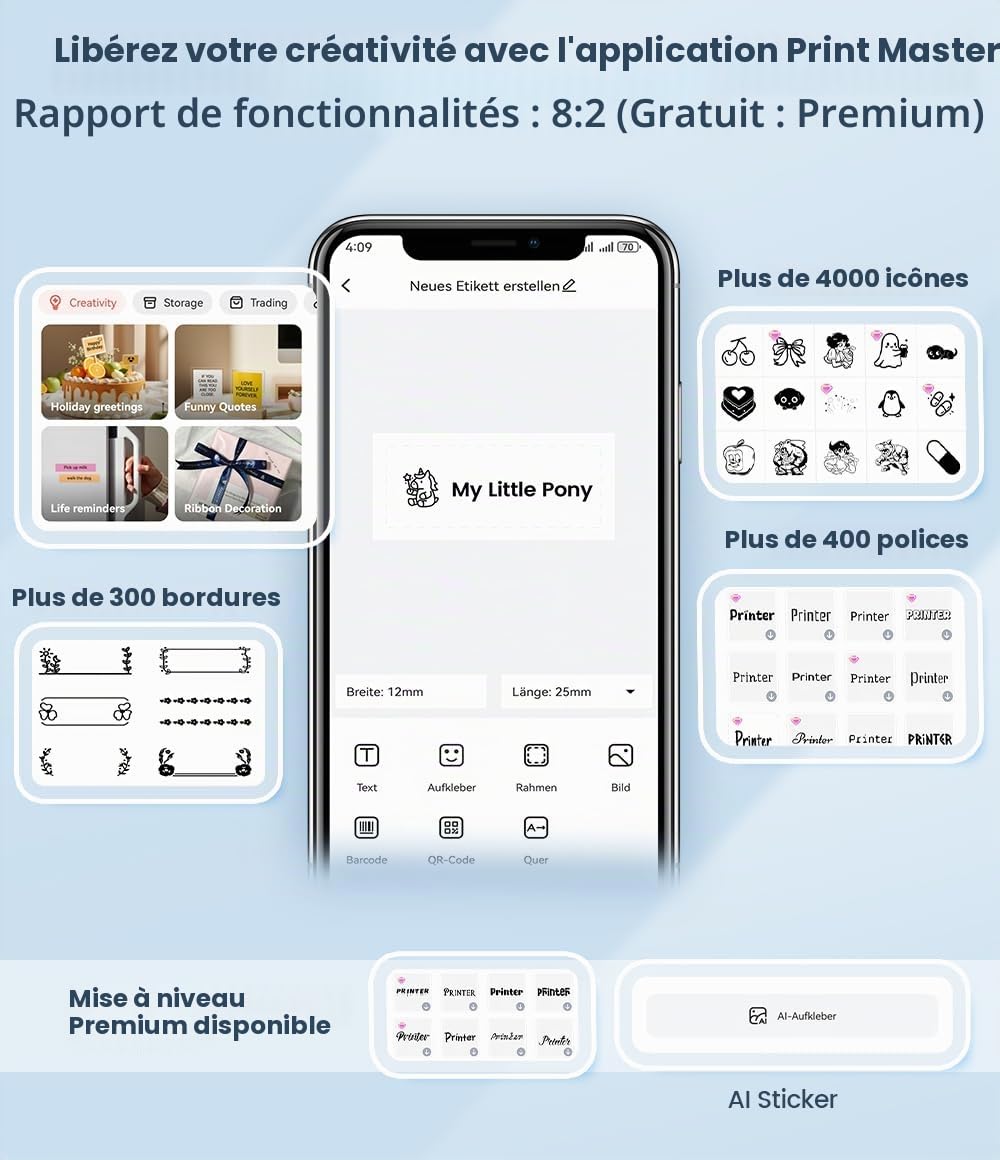 Phomemo P12 Étiqueteuse: pour Vêtements, école, Cuisine et Bureau | 3-en-1: Étiquettes autocollantes, thermocollantes et rubans satin. Avec l'app Print Master. Idéal pour vêtements