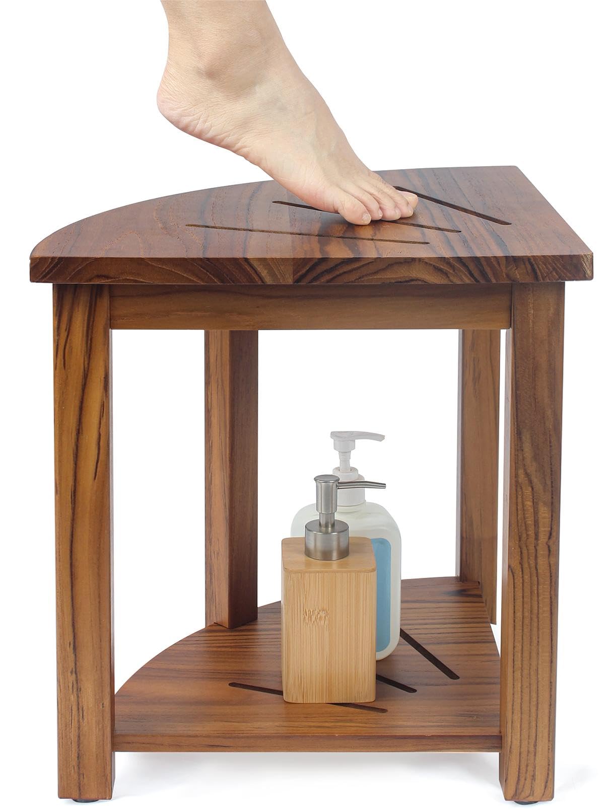 Semiocthome Teak Shower Bench 17" Shower Stool for Shaving Legs Corner Shower Stool for Inside Shower with Storage Shelf Waterproof Shower Benches for Inside Shower to sit on with Non-Slip Feet