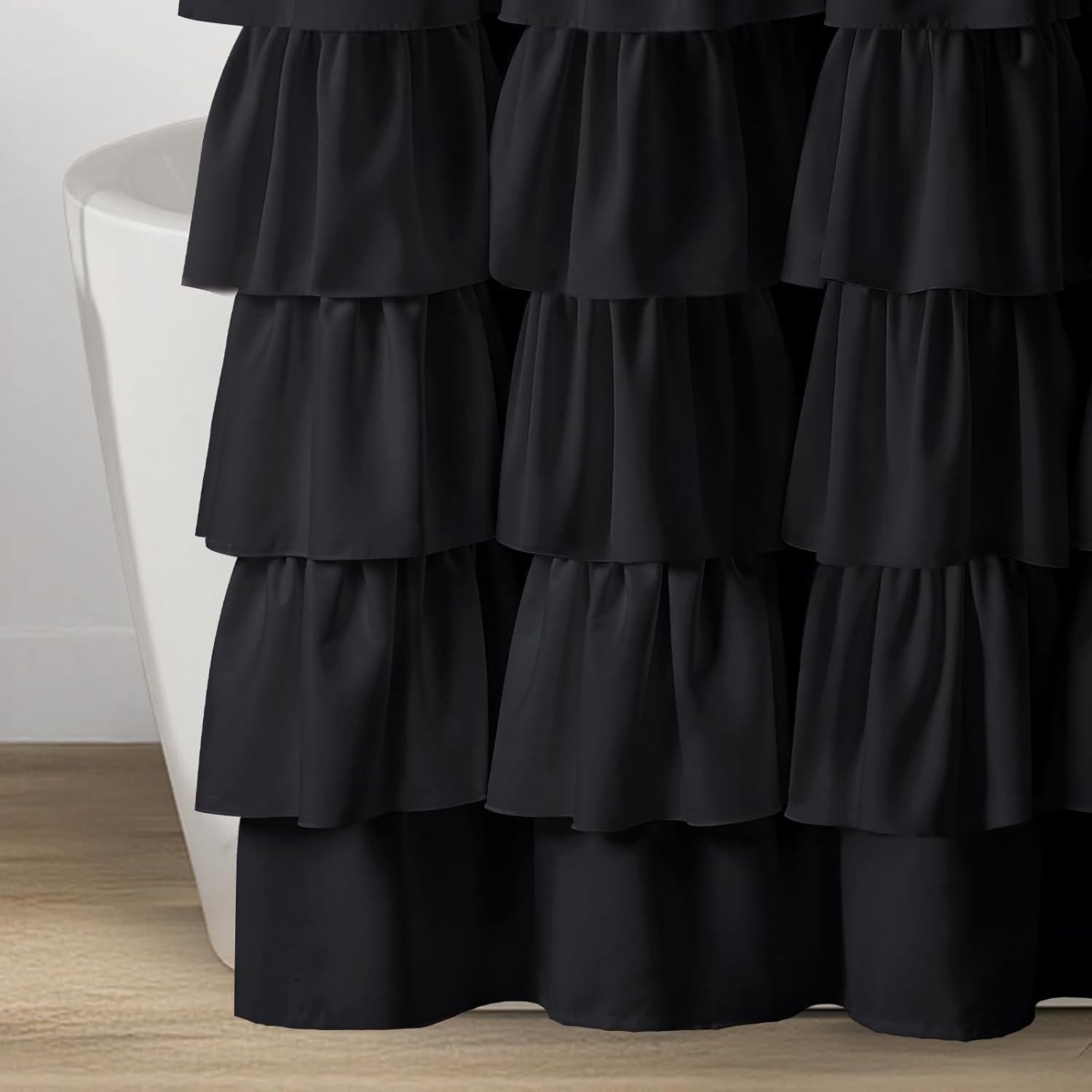 Black Ruffle Shower Curtains for Bathroom, Farmhouse Fabric Cute Ruffled Chic Shower Curtain, 72" W x 72" L