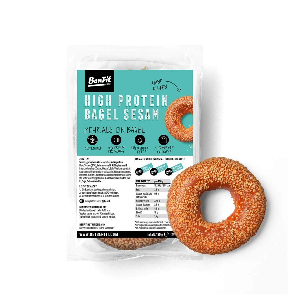 BenFit High Protein-Bagel sésame - 7 x 150 g - pain protéiné sans gluten - riche en protéines, pauvre en graisses & faible en calories