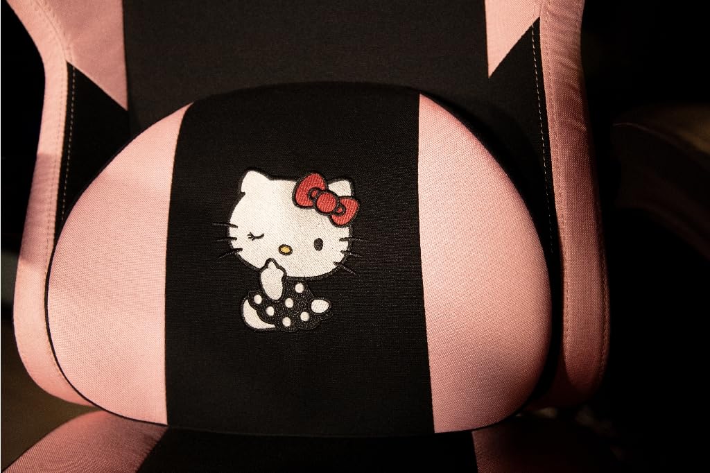 Konix Hello Kitty Gaming Bürostuhl - Sitzneigung 150° - Stoffbezug - Holz- und Metallgestell - Kissen - Fußstütze - Schwarz und Pink