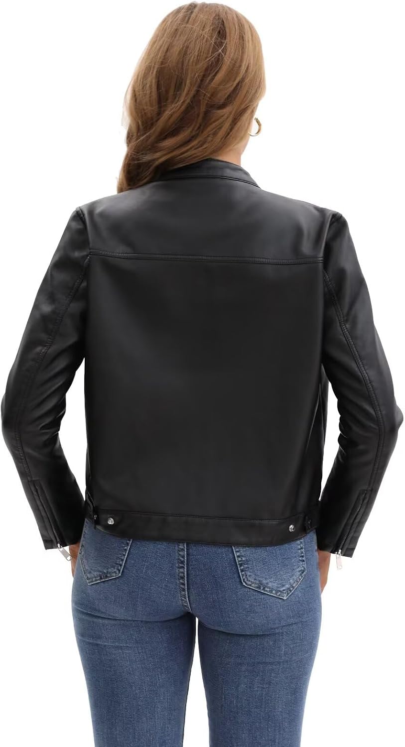 CHIGUO Women's Faux Leather Motorcycle Jacket Casual Zip-Up Biker Trendy Coat with Pockets - Image 5