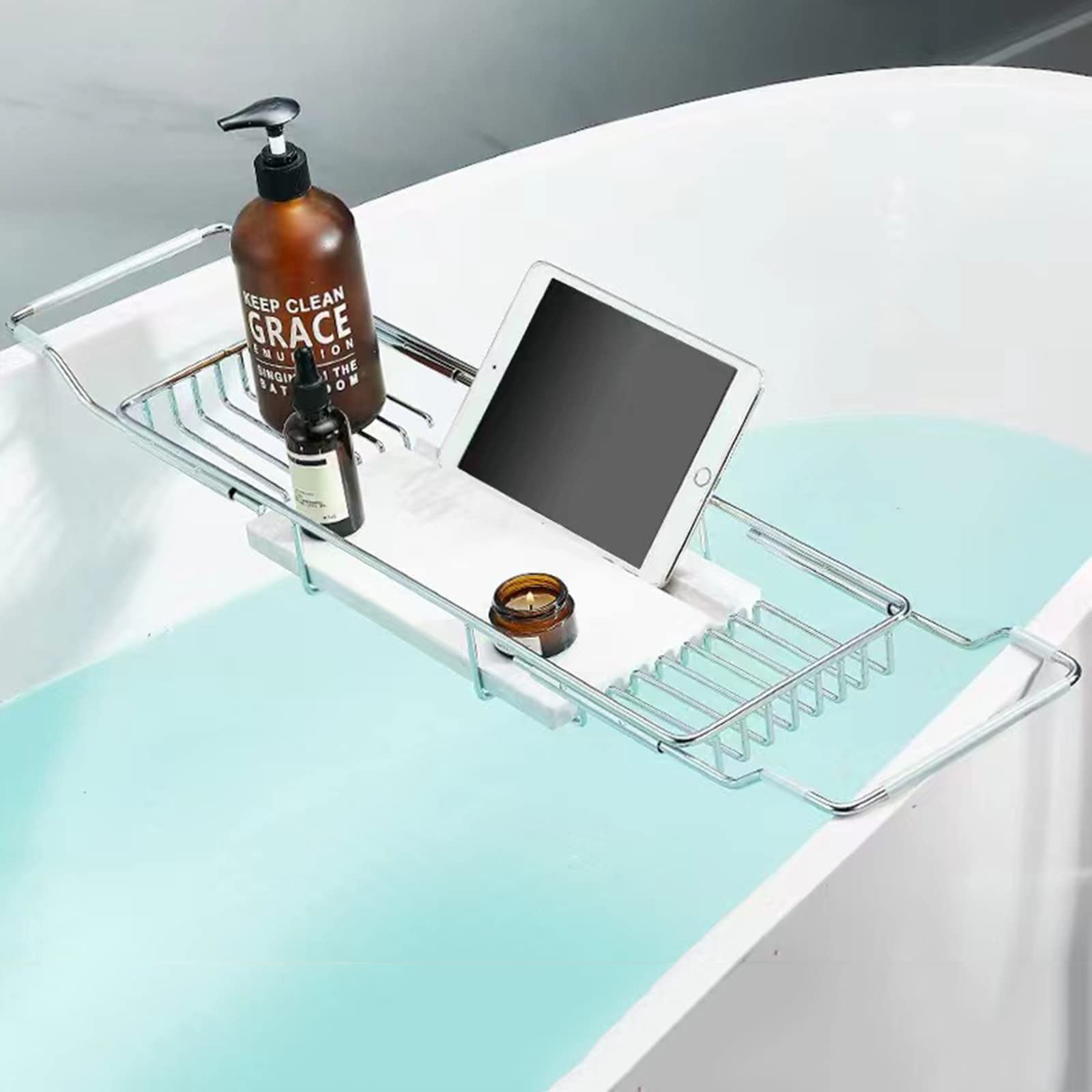MYUYEE Premium Stainless Steel Expandable Bathtub Caddy Tray With Non Slip Grip Shower Organizer For Bath Tub Fits Most Tubs Chrome Coated Bathtub Racks (Chrome-2)