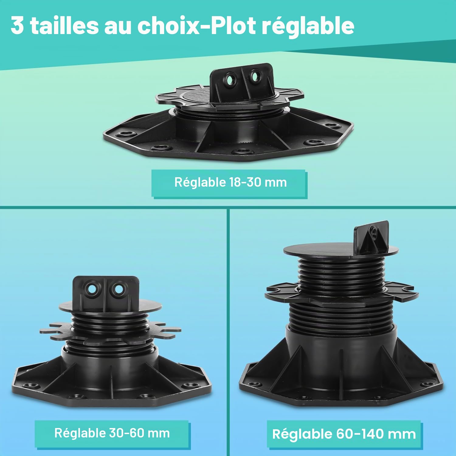 Lot de 100 paliers de sol réglables en hauteur, 30-60 mm - Pieds de terrasse, plots pour dalles de terrasse - Pour sous-structure de terrasse, WPC, pieds réglables
