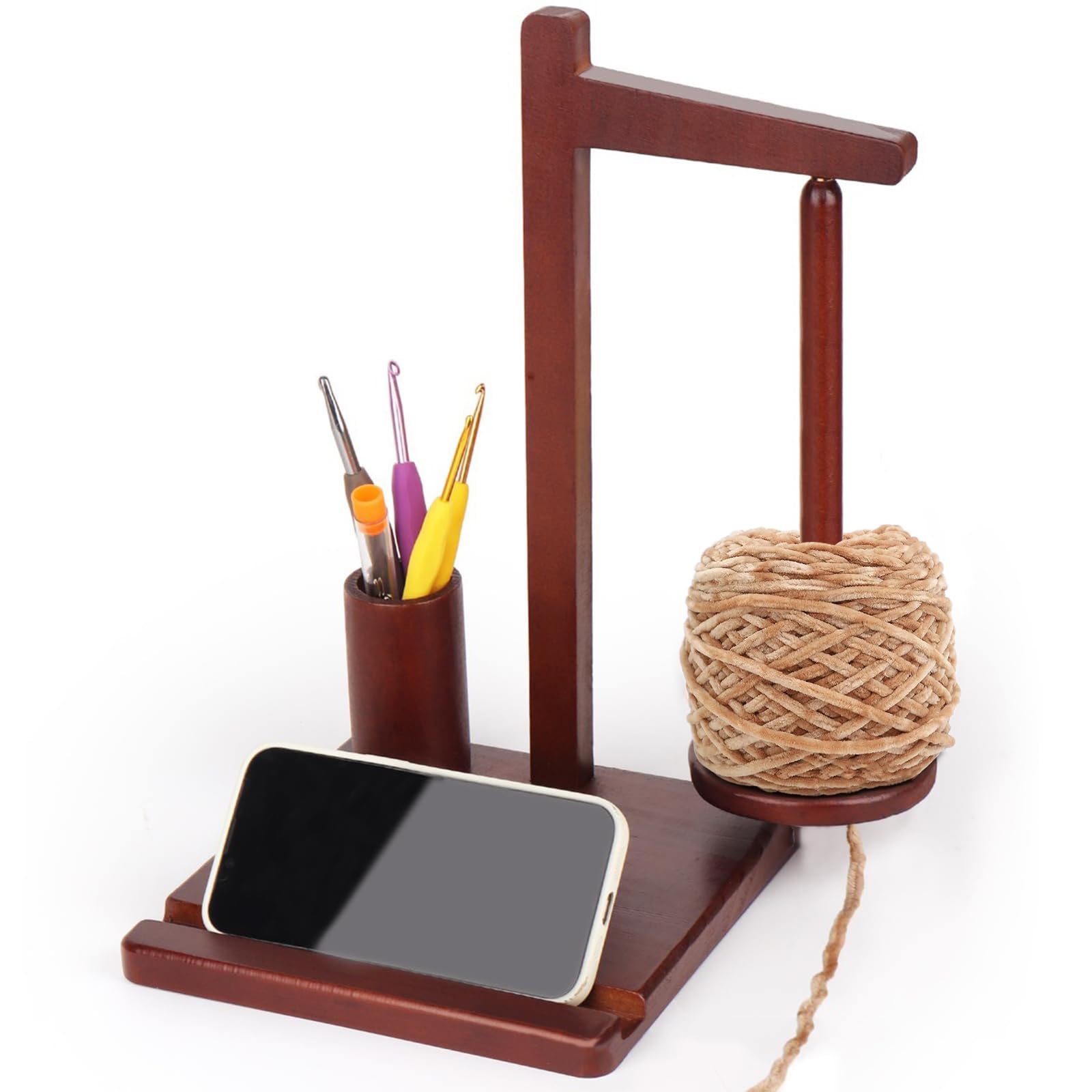 Soporte para hilo de ganchillo, de madera de nogal, para ganchillo y tejer, con soporte para teléfono y almacenamiento de ganchillo, soporte para bolas de hilo para amantes del ganchillo