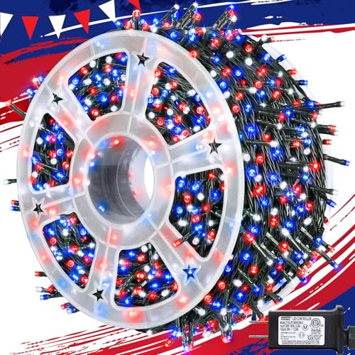 kemooie 4th of July Patriotic Decoration, 500 LED Red White and Blue Lights with 8 Modes, Outdoor Waterproof String Lights for Fourth of July, Memorial Day, Independence Day Decor