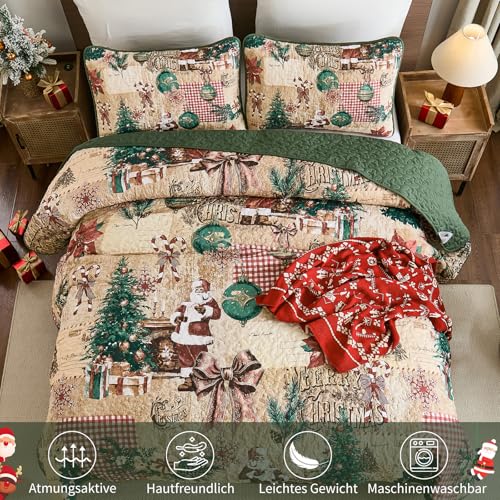 WONGS BEDDING Tagesdecke 220x240 Weihnachts Bettüberwurf Steppdecke Doppelbett Gesteppt Mikrofaser 3 Teilig Weihnachts Tagesdecken mit 2… – Ansicht 4