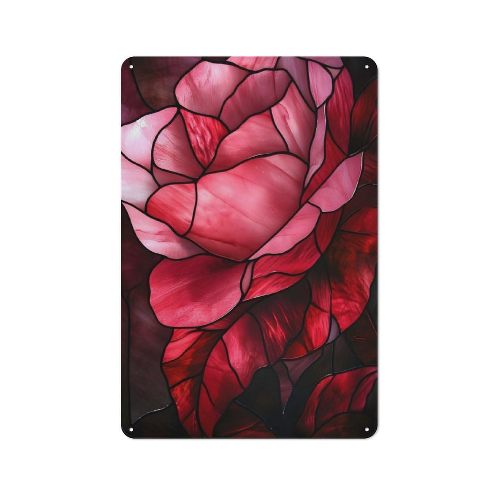 Junmoney Pink Roses Stained Glass Vintage Tin Sign 30X20cm For Hobby Room Or Studio, A New Home Present For Creative Interior Collectors