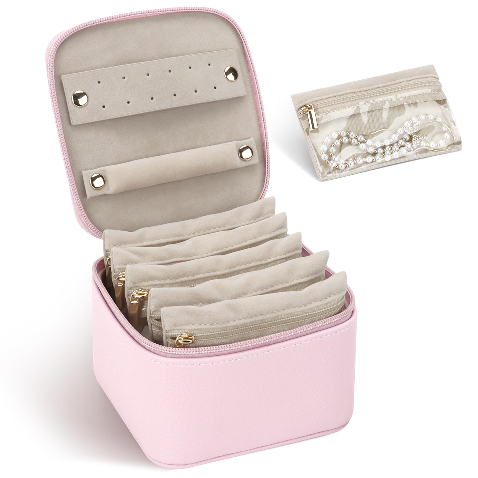 DesignSter Estuche Organizador de Viaje para Joyas, Joyero Pequeño de Poliuretano con 6 Bolsillos Transparentes, Almacenamiento para Aretes y Anillos