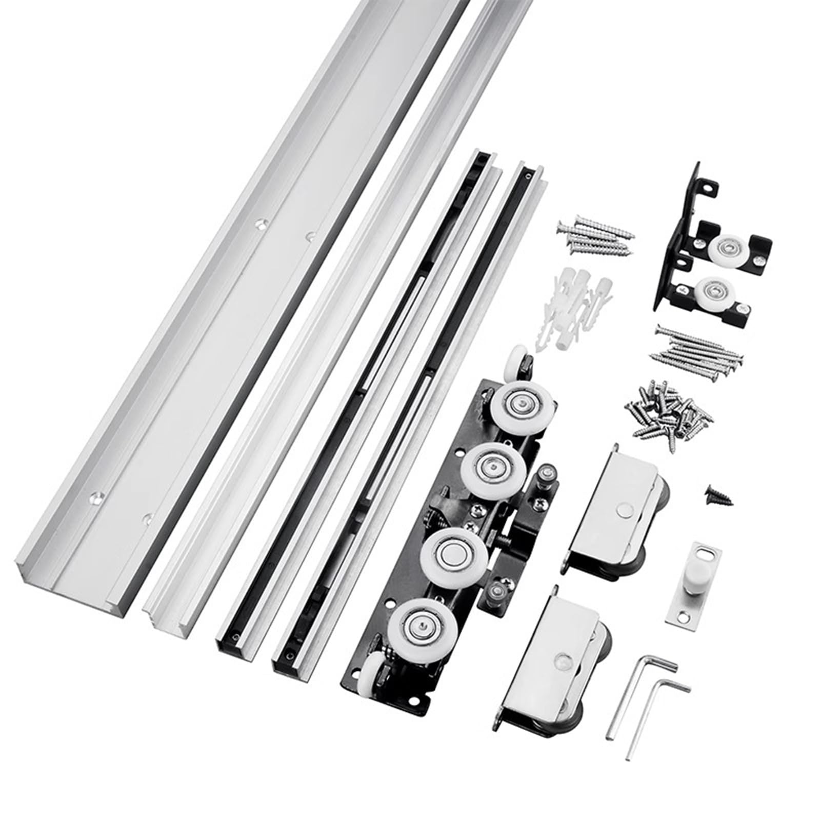 Zestaw solidnych szyn do drzwi przesuwnych, niewidoczny sprzęt do drzwi stodoły z płynnymi kółkami, trwały zestaw aluminiowych szyn do użytku w pomieszczeniach, ins