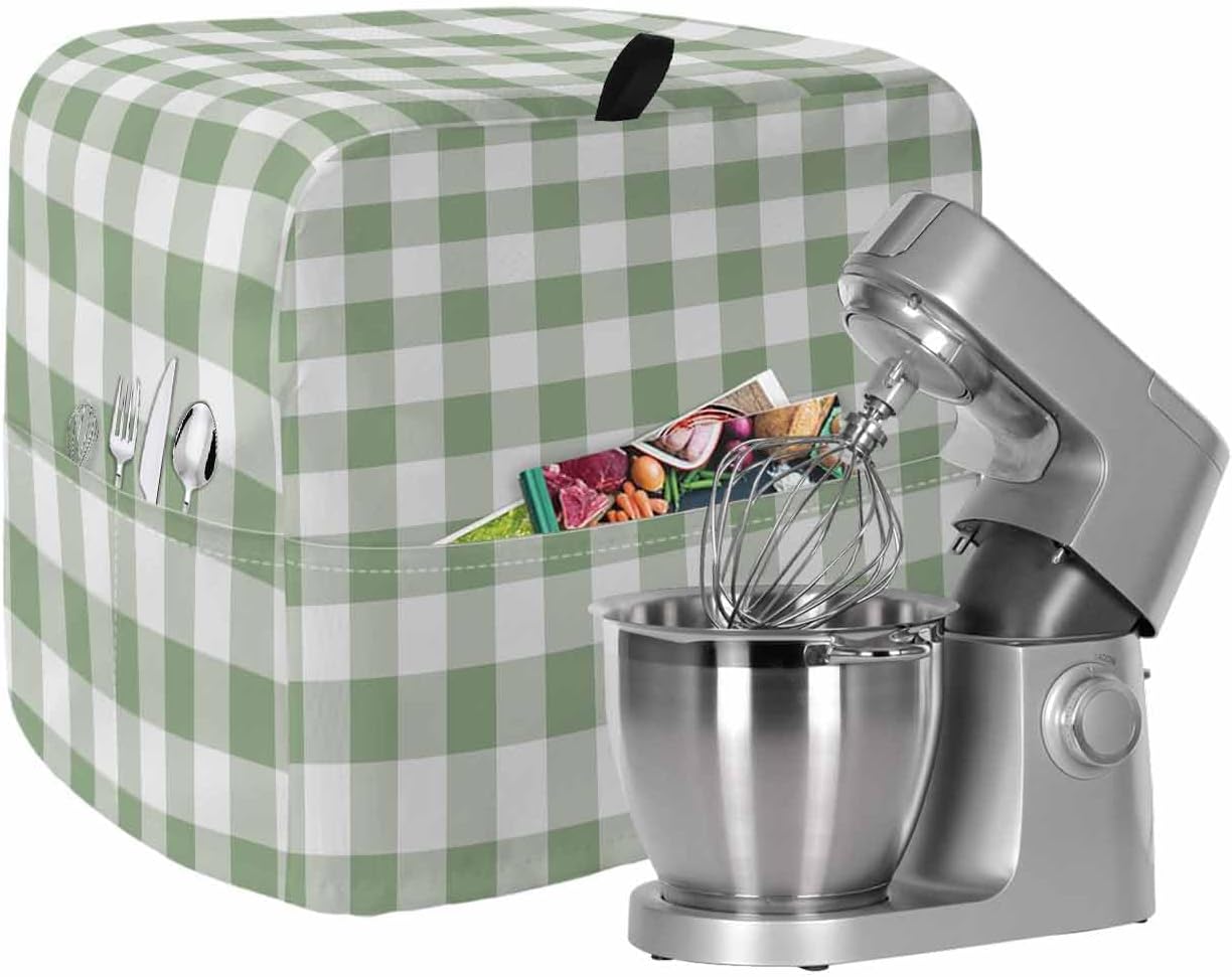 Stand Mixer Cover with Storage Pocket, Sage Green Checkered Waterproof Kitchen Mixer Covers, Farmhouse Buffalo Plaid Kitchen Appliance Dust Cover Compatible with 4/4.5 Quart Mixers