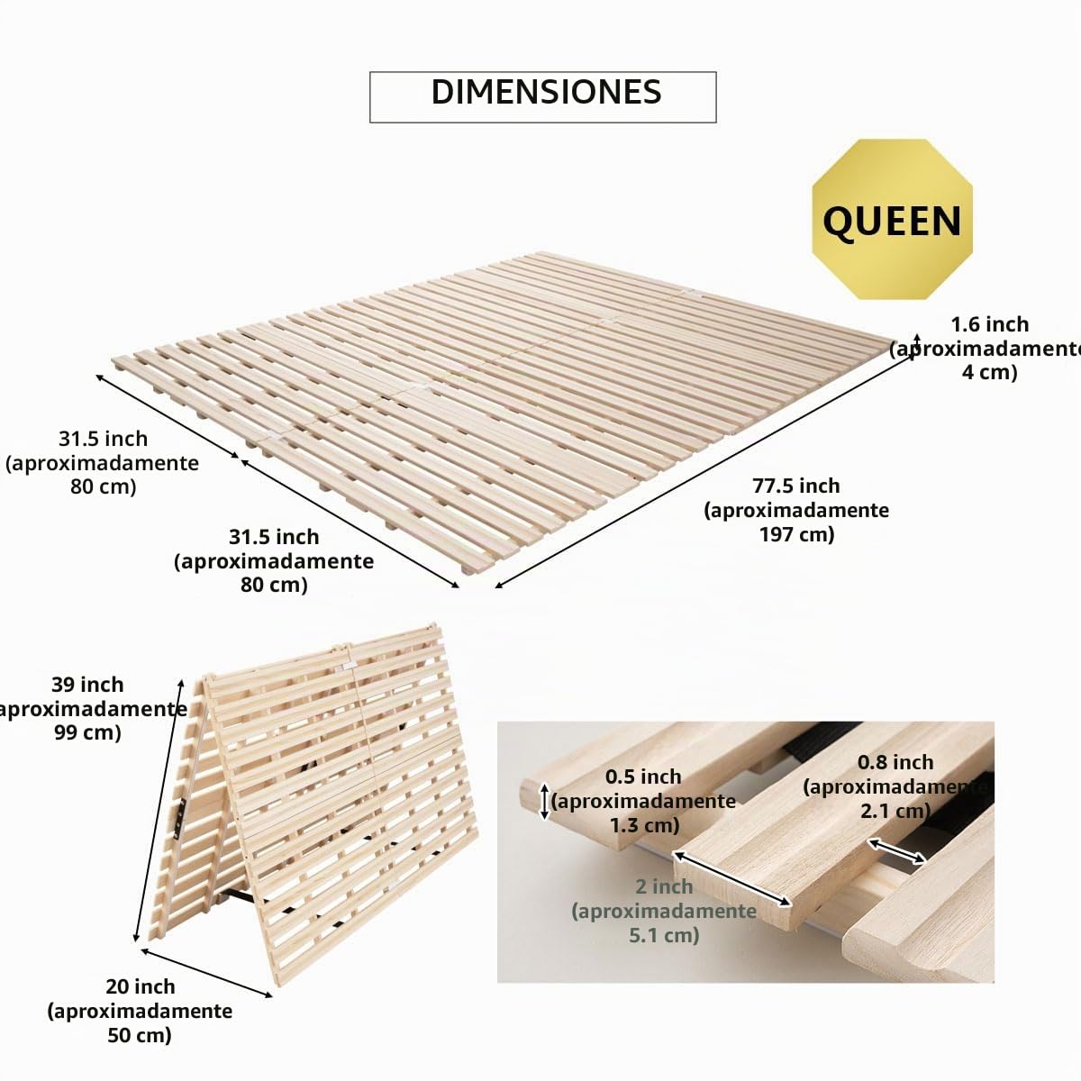 EMOOR Cama Láminas Plegables de Madera Franco-Roll 160 x 200 cm para Futón Japonés (Natural), Paulownia sin Pintar Minimalista Tatami Dormir en Suelo