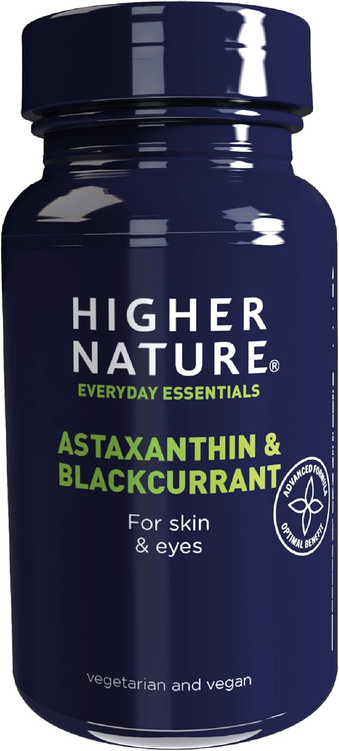 Higher Nature – Astaxanthin & Blackcurrant – Helps Skin Ageing & Wrinkles – Concentrated Blackcurrant Fruit Extract – Vegetarian & Vegan – 90 Capsules