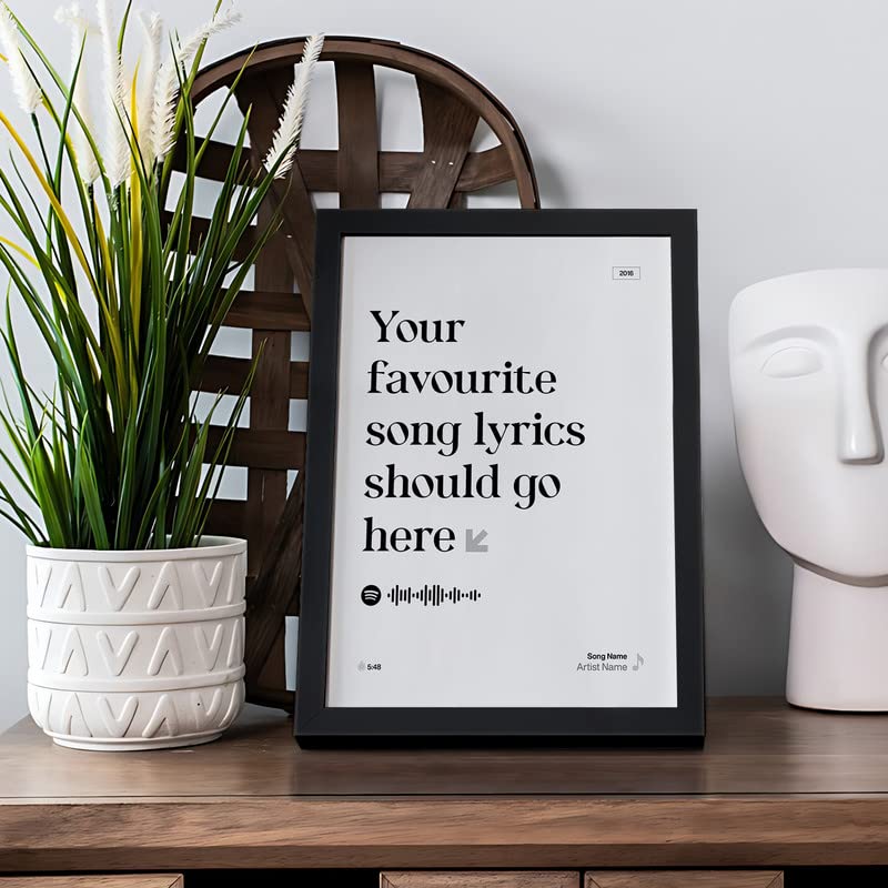 Image of Ritwika's Personalized Spotify Song Lyrics, Artist Name, Year Digital Print Engineered Wooden Tabletop Rectangular Frame For Desk 17 X 22 CM Black & White Set Of 1