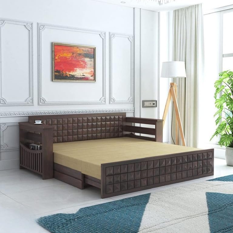 Image of Solid Sheesham Wood Sofa Cum Bed 2 Seater | Wooden Foldable Double Bed for Living Room with Storage | Bed Cum Sofa with Mattress for Home | Full Diamond Design (Walnut Finish)