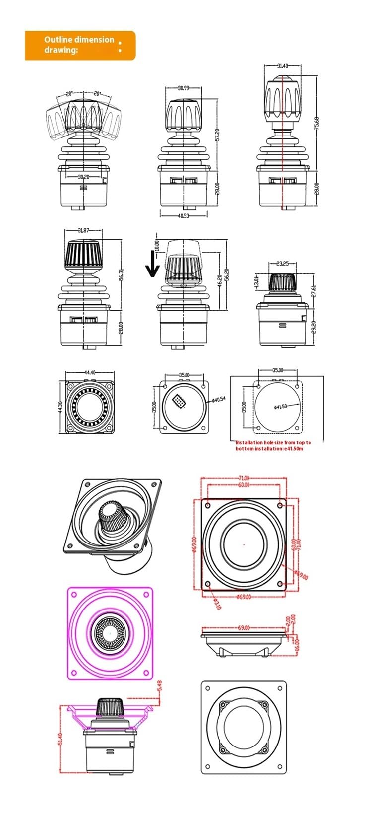 Joystick Industrial, Joystick Hall de 2 ejes SMC35F, límite ado, con botón | 5V output 0.5-4.5V