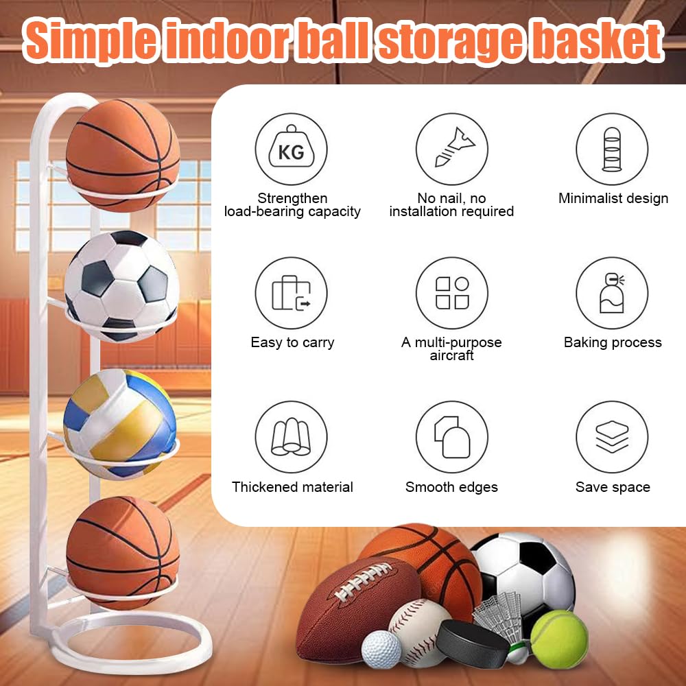 Soporte vertical para balones de metal, estante de 4 niveles para voleibol, baloncesto, fútbol (blanco)