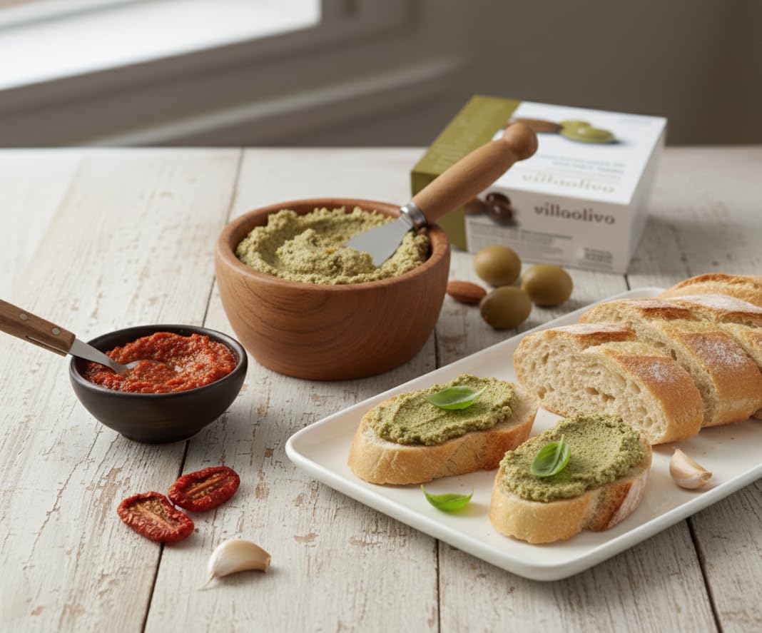 Villaolivo - Pack 12x125g Paté Gourmet de Aceitunas Verdes con Almendras y Aceitunas Negras con Almendras | 100% Natural, Vegano y Sin Conservantes | Ideal para Tapas y Tostadas | Hecho en España