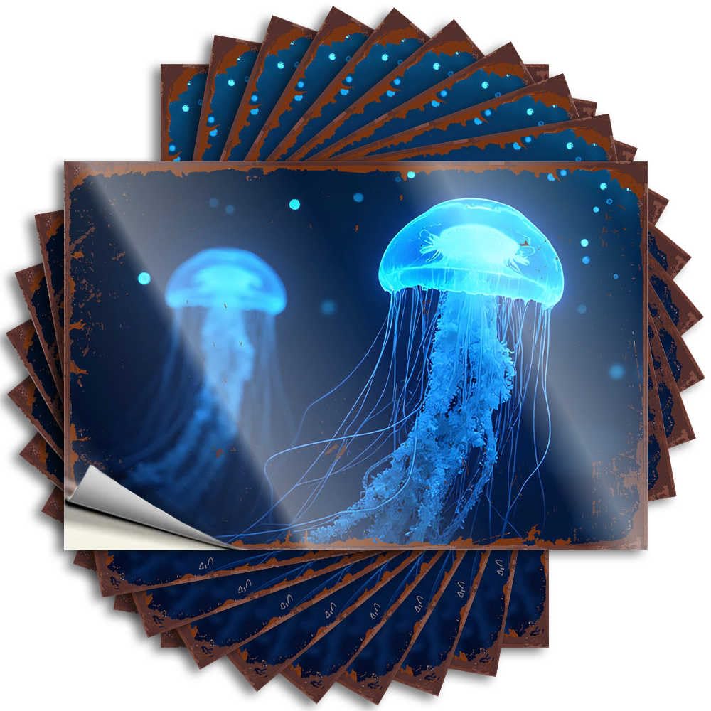 Decal Aesthetic Custom Stickers, Door Waterproof Shimmering Blue Jellyfish in The Deep Sea Night for Hydro Flask | Happy Vinyl Decals for Motorcross Holiday Gift(8X12CM)