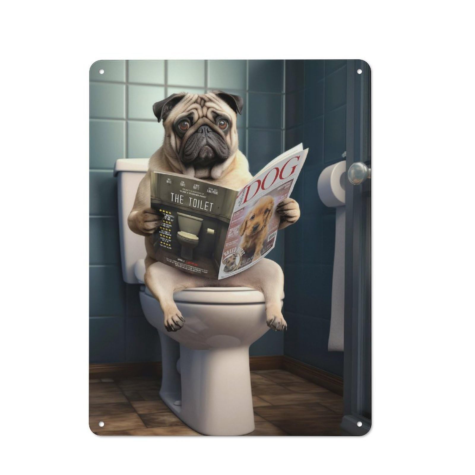 Junmoney Pug Dog On The Toilet Tin Wall Plaque 40X30cm With For Hallway Wall, For Home Interiors, Feature Walls And Decorative Displays