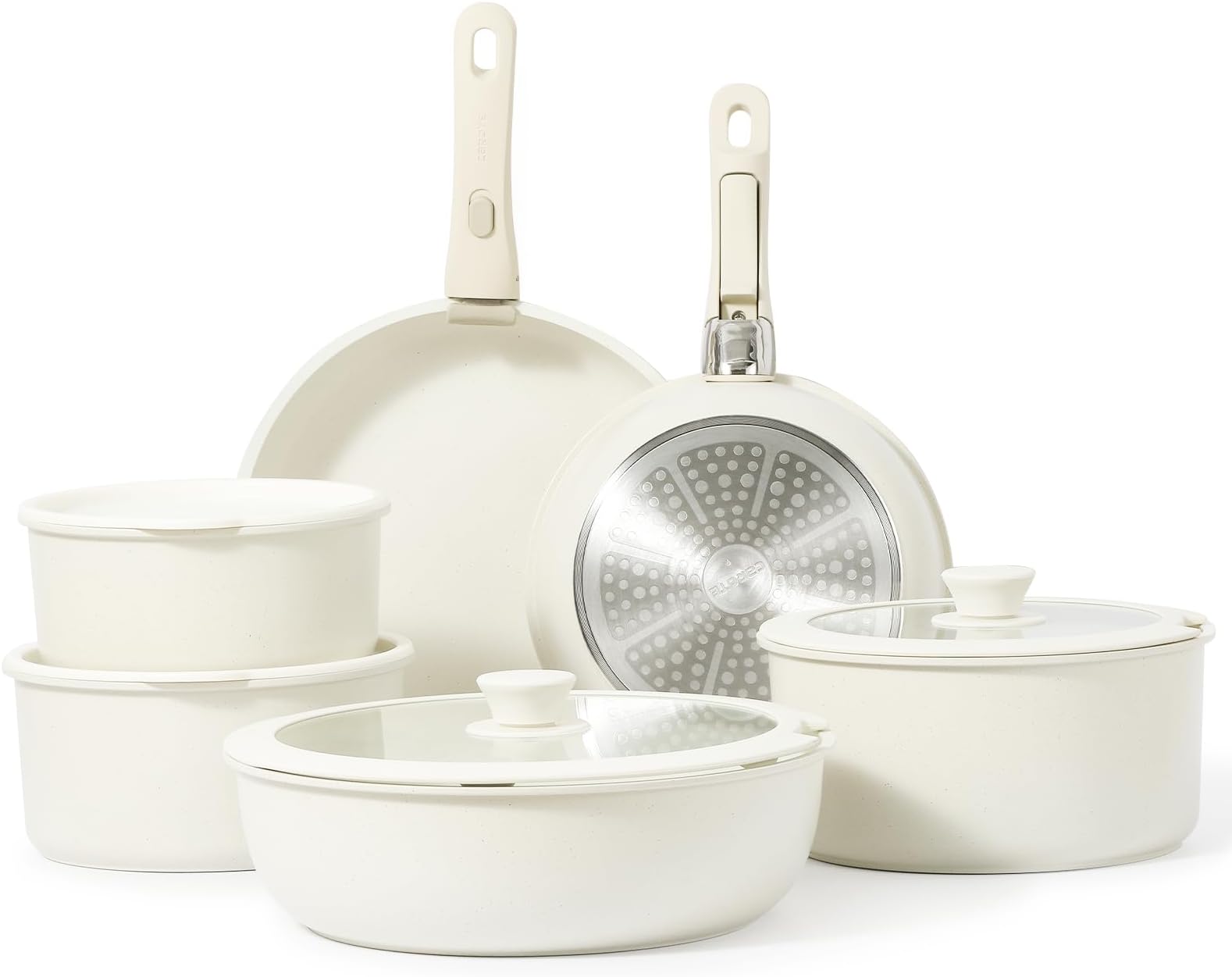 CAROTE12pcs Pots and Pans Set, Nonstick Cookware Set Detachable Handle, Induction Kitchen Cookware Sets Non Stick with Removable Handle, RV Cookware Set, Dishwasher/Oven Safe Cream White
