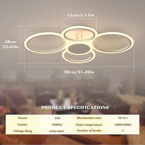 Miniatura 6 de SKY ANGLE Lámpara de techo moderna, lámpara de techo LED de montaje empotrado de 5 anillos, lámpara de techo regulable de 45 W con control remoto