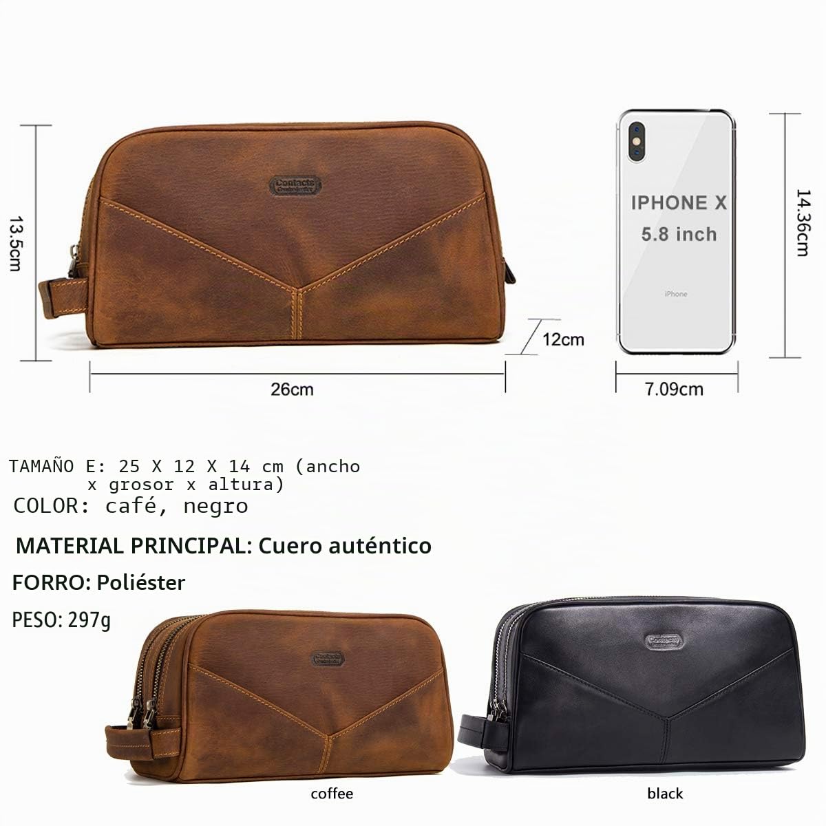 Contactos Hombre Bolsa de Aseo de Negocios de Viaje de Cuero de Vaca con Gran Capacidad Doble Cremallera
