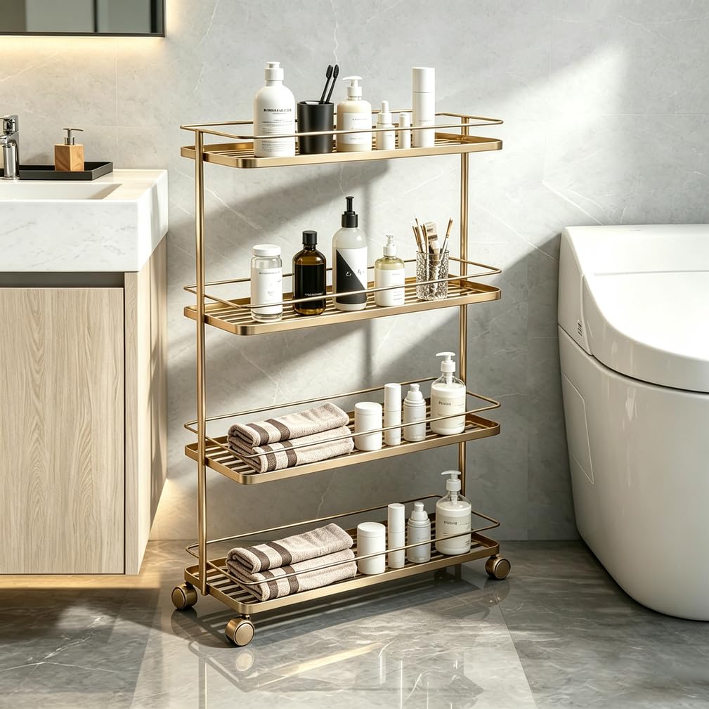 4-Tier Metal Rolling Cart with Lockable Wheels, Slim Utility Organizer