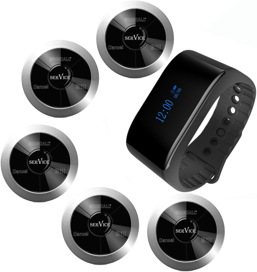 SINGCALLRestaurant Beepers Service Paging System Caregiver Call Button,Pack of 1 Watch Receiver and 5 Pagers