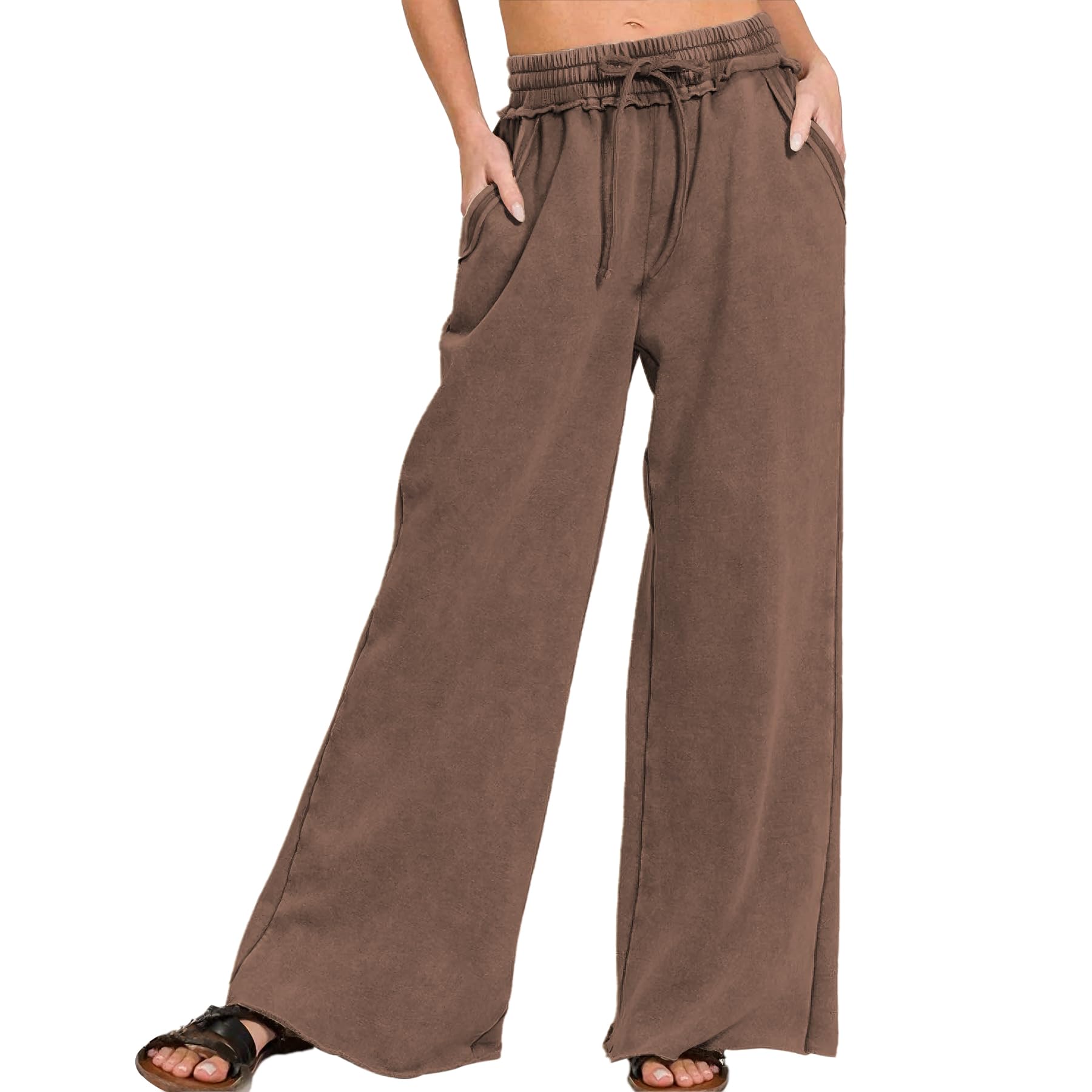 Ainangua Women Acid Wash Palazzo Sweatpants Casual High Waist Drawstring Wide Leg Pants Baggy Fleece Trousers with Pockets