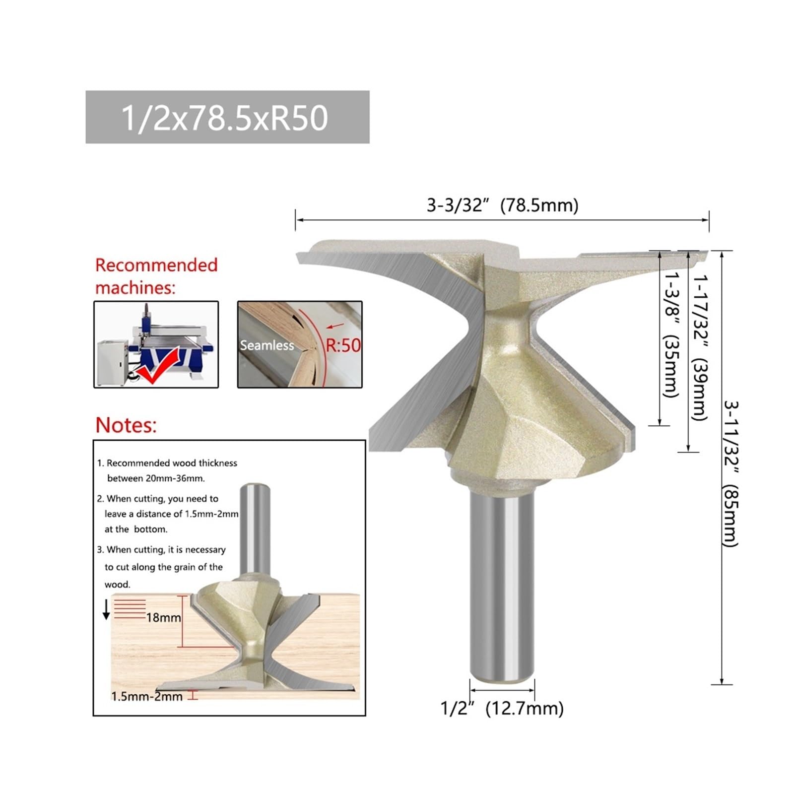 1PC 12.7mm 1/2 Tige Arc Couteau De Pliage sans Soudure Couteau De Formage Doré R18/30/50 Fraises for Porte en Bois/Armoire Murale